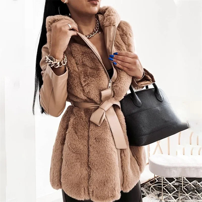 Hooded Faux Fur Coat with Belt