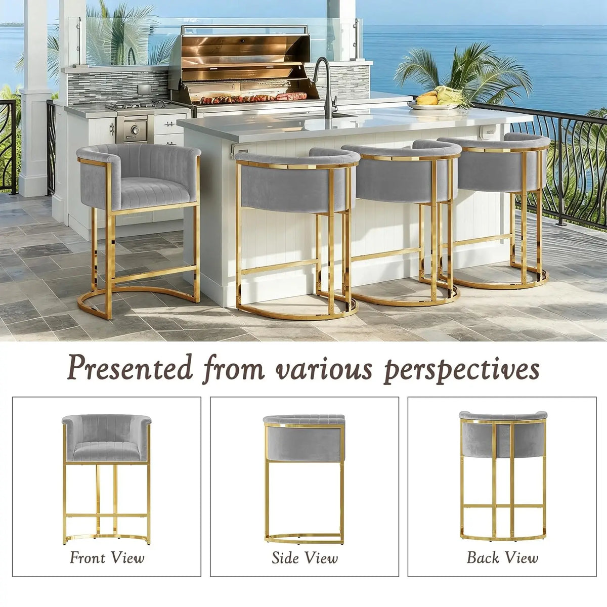 26" H Modern Velvet Barrel  Bar Stools Set of 3,