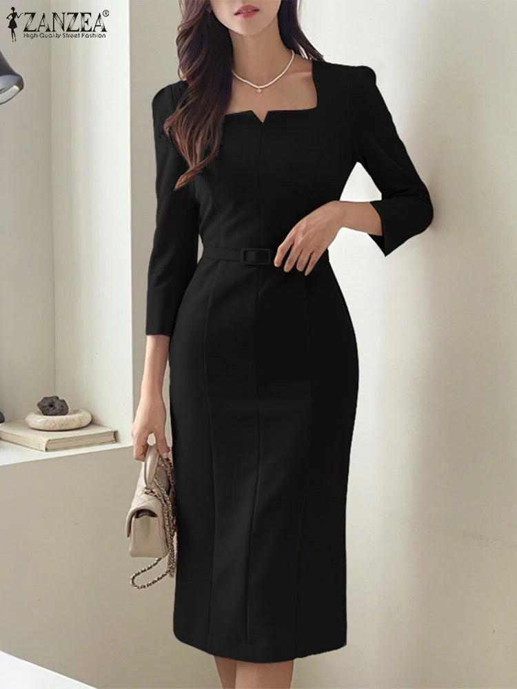 Square Collar Belted Shirt Dress