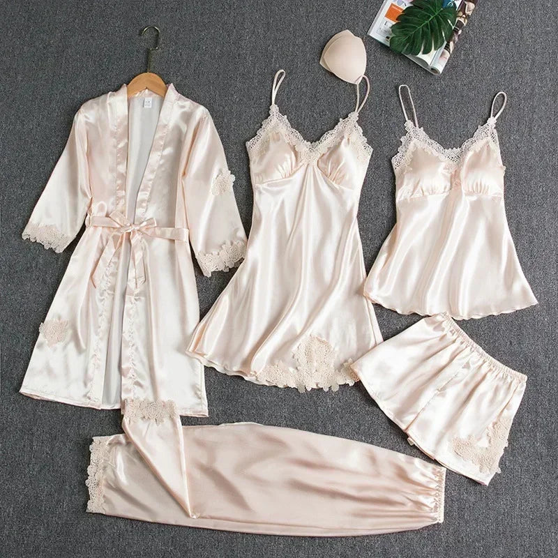 Silk Lace Nightgown Set - 5 Piece