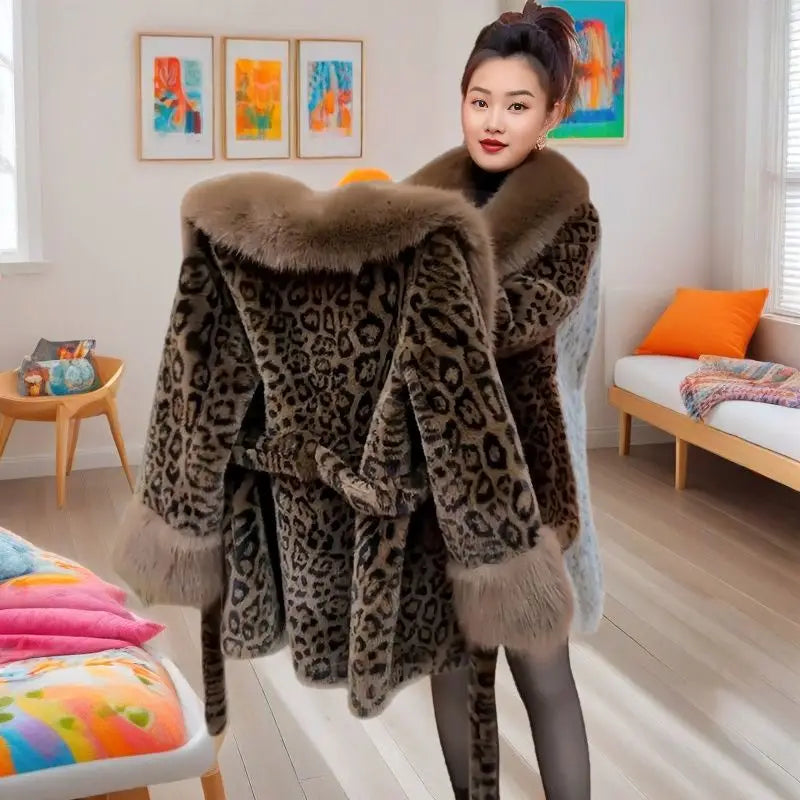 Leopard Print Fur Coat with Belt