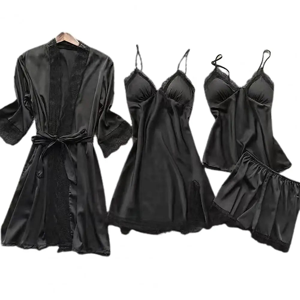 Satin & Lace Pajama Set - 4 Piece