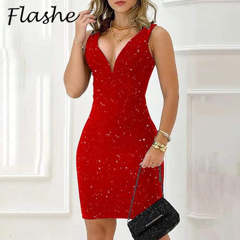 Red V-Neck Bodycon Dress