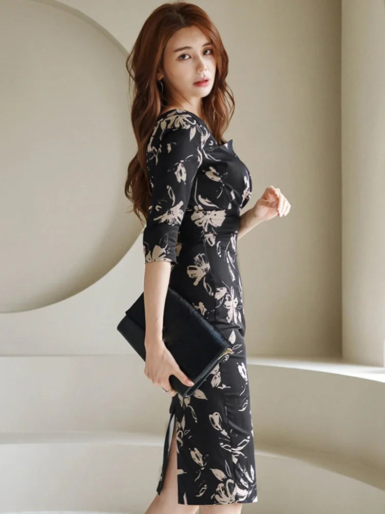 The Square Neck Floral Pencil Dress