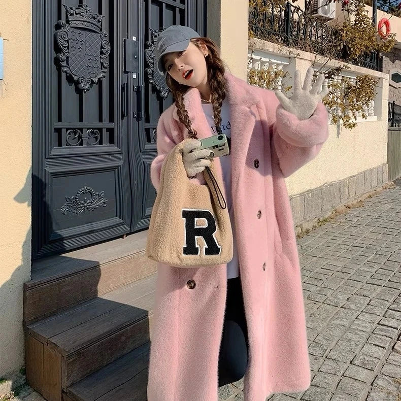 Double-Breasted Faux Rabbit Fur Coat