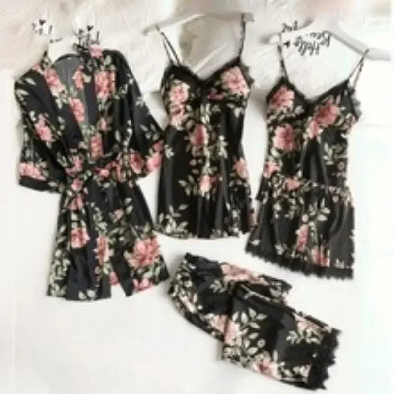 Silk Lace Nightgown Set - 5 Piece