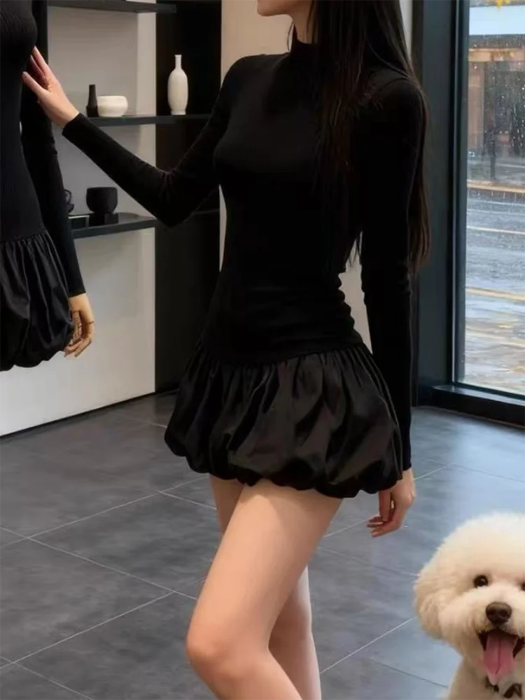 Women Slim Long-Sleeve Dress Half High Collar Puffy Dress Autumn and Winter Party Solid Color Dresses Black Fashion Elegant