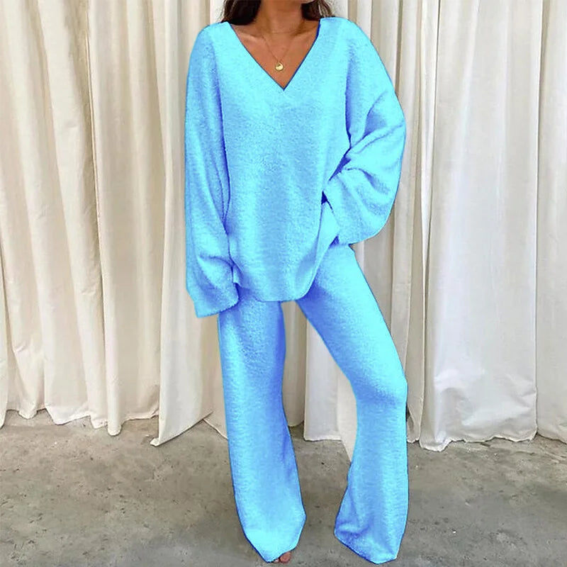 Solid V Neck Pajama Set