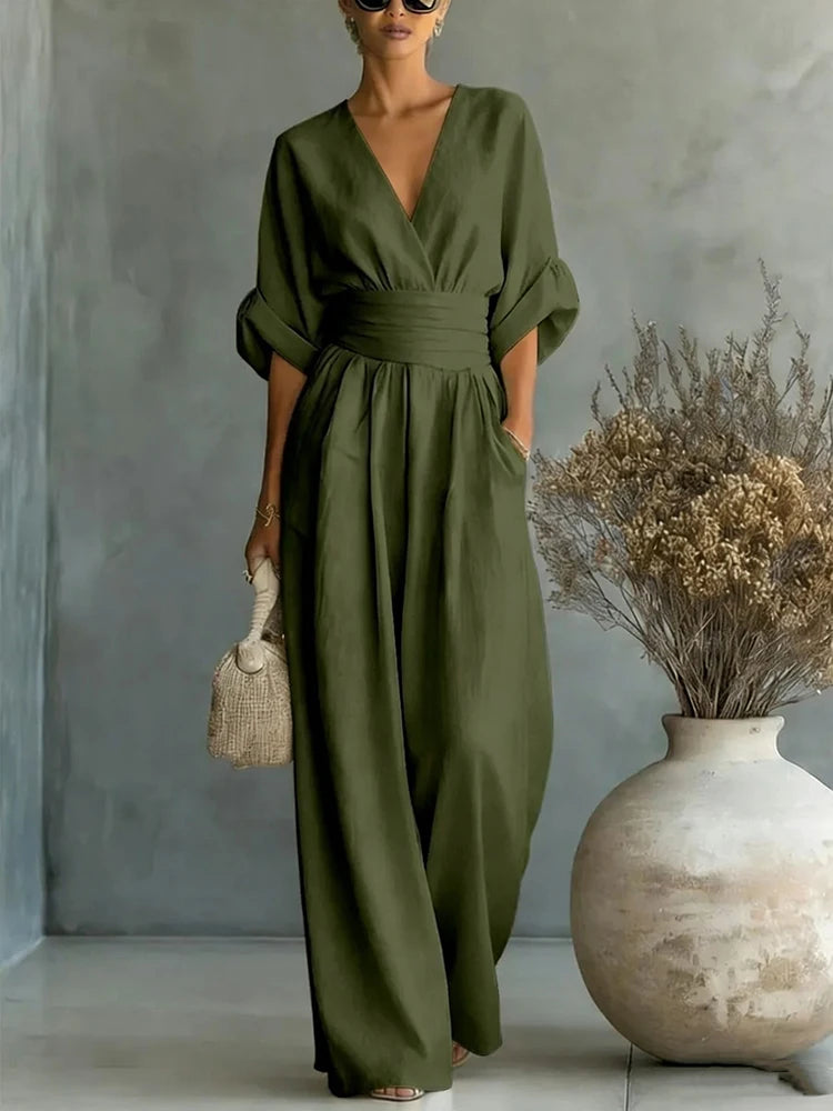 Elegant Linen V-Neck Jumpsuit