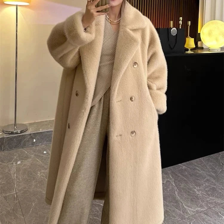 Double-Breasted Faux Rabbit Fur Coat
