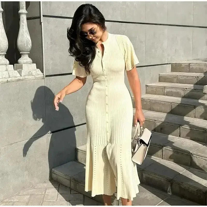 Elegant Knitted Dress Women Casual O Neck Solid Short Sleeved Button High Waist Split Dresses New Female Fashion