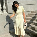Elegant Knitted Dress Women Casual O Neck Solid Short Sleeved Button High Waist Split Dresses New Female Fashion
