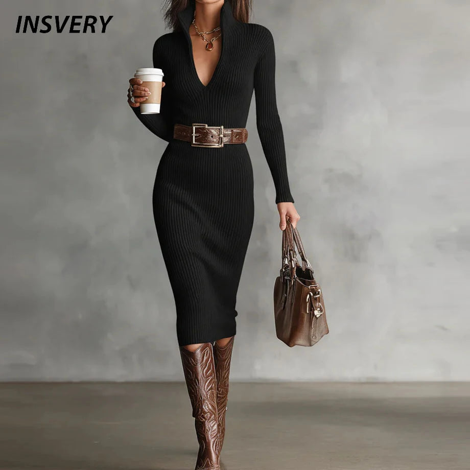 V-Neck Knit Sweater Dress