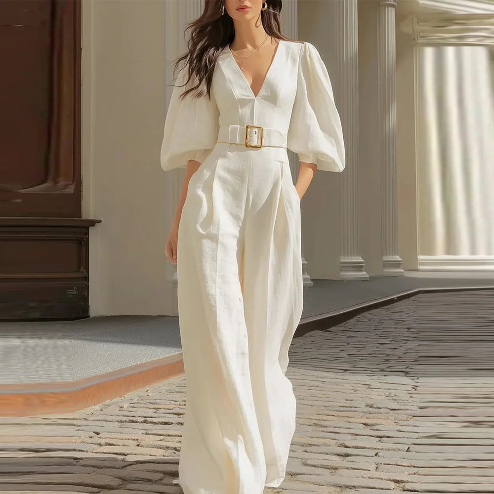 Elegant Puff Sleeve Belt Free Jumpsuit