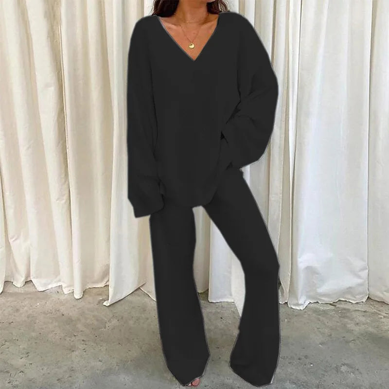 Solid V Neck Pajama Set