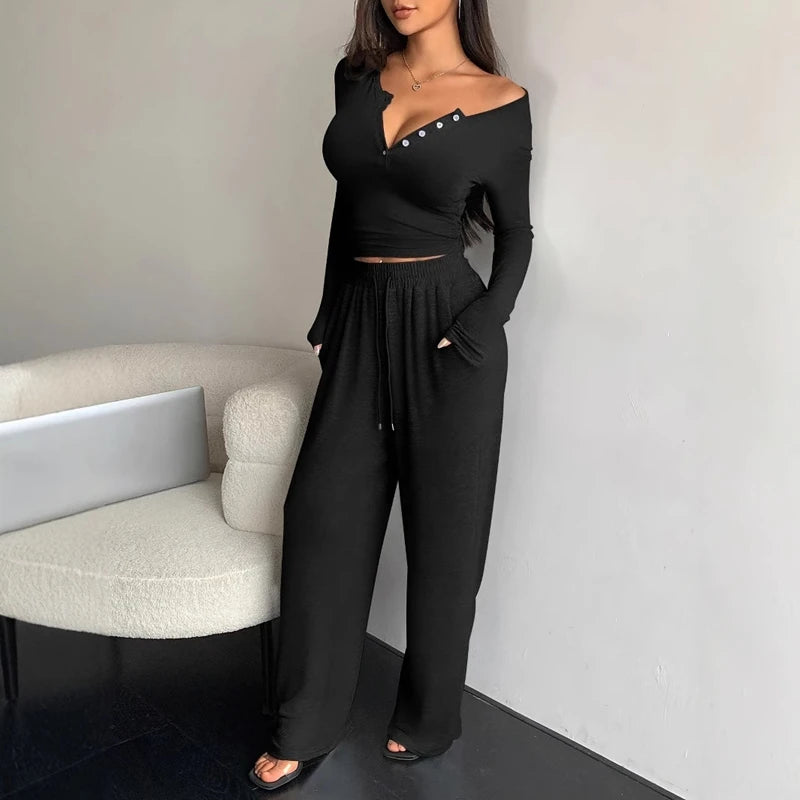 V-Neck Button Pajama Set