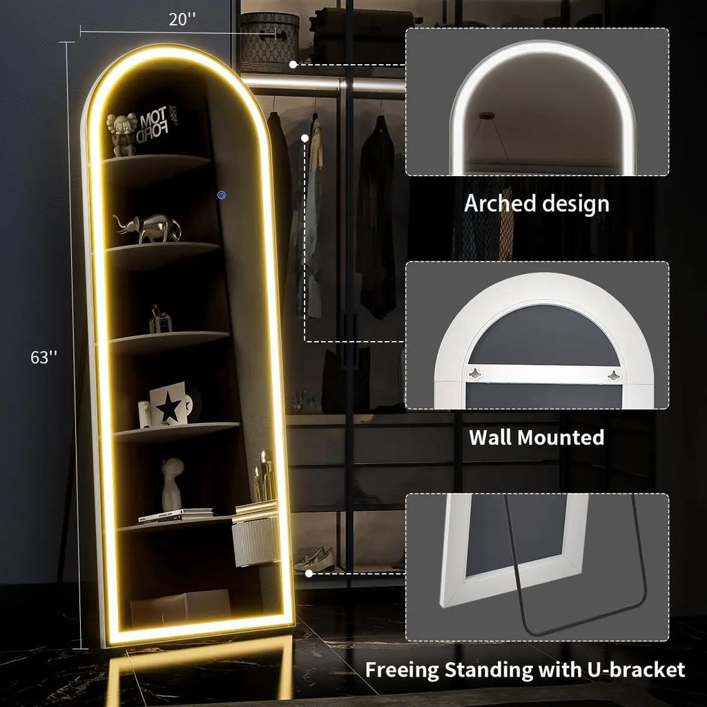 63"x20" Arched LED Full Length Lighted Floor Mirror