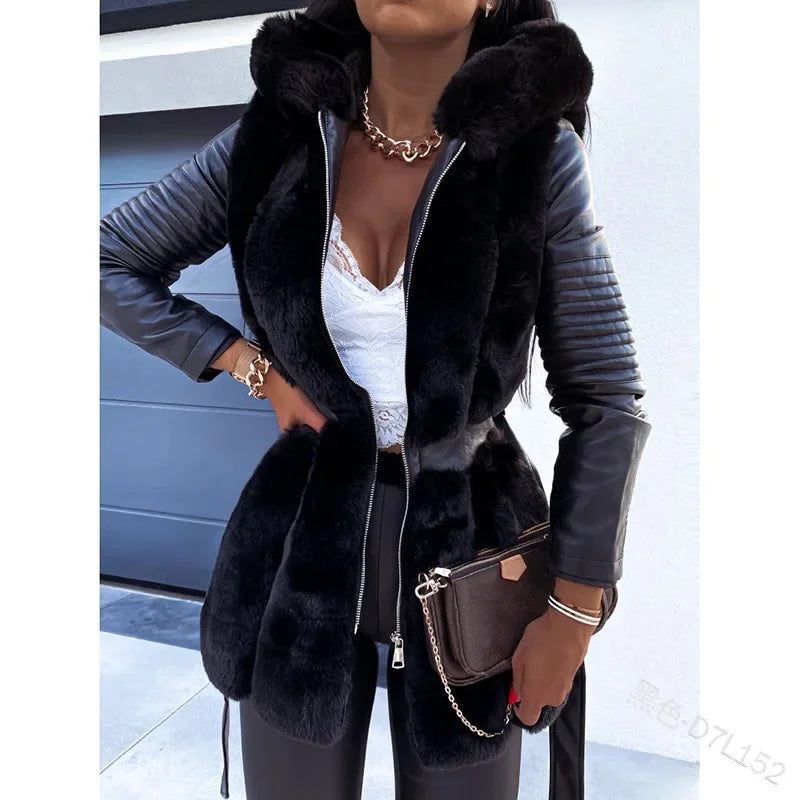 Hooded Faux Fur Coat with Belt