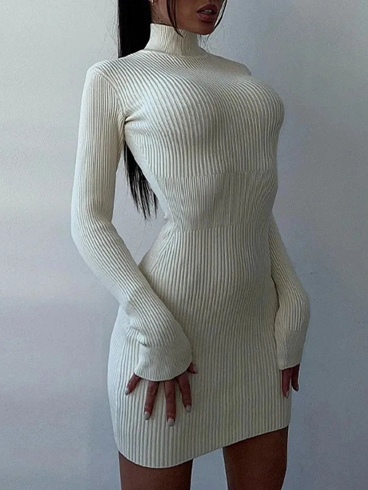 White Turtleneck Knit Dress